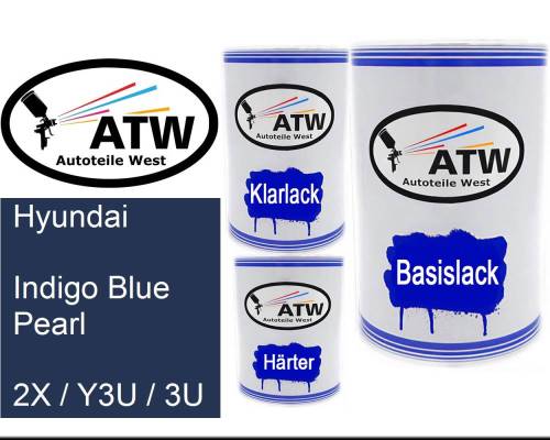 Hyundai, Indigo Blue Pearl, 2X / Y3U / 3U: 500ml Lackdose + 500ml Klarlack + 250ml Härter - Set, von ATW Autoteile West.